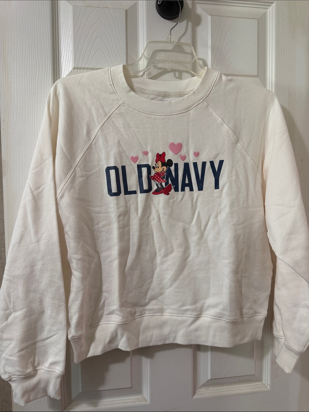 Old Navy Cream Sweatshirt with Navy Logo & Pink Minnie Accents